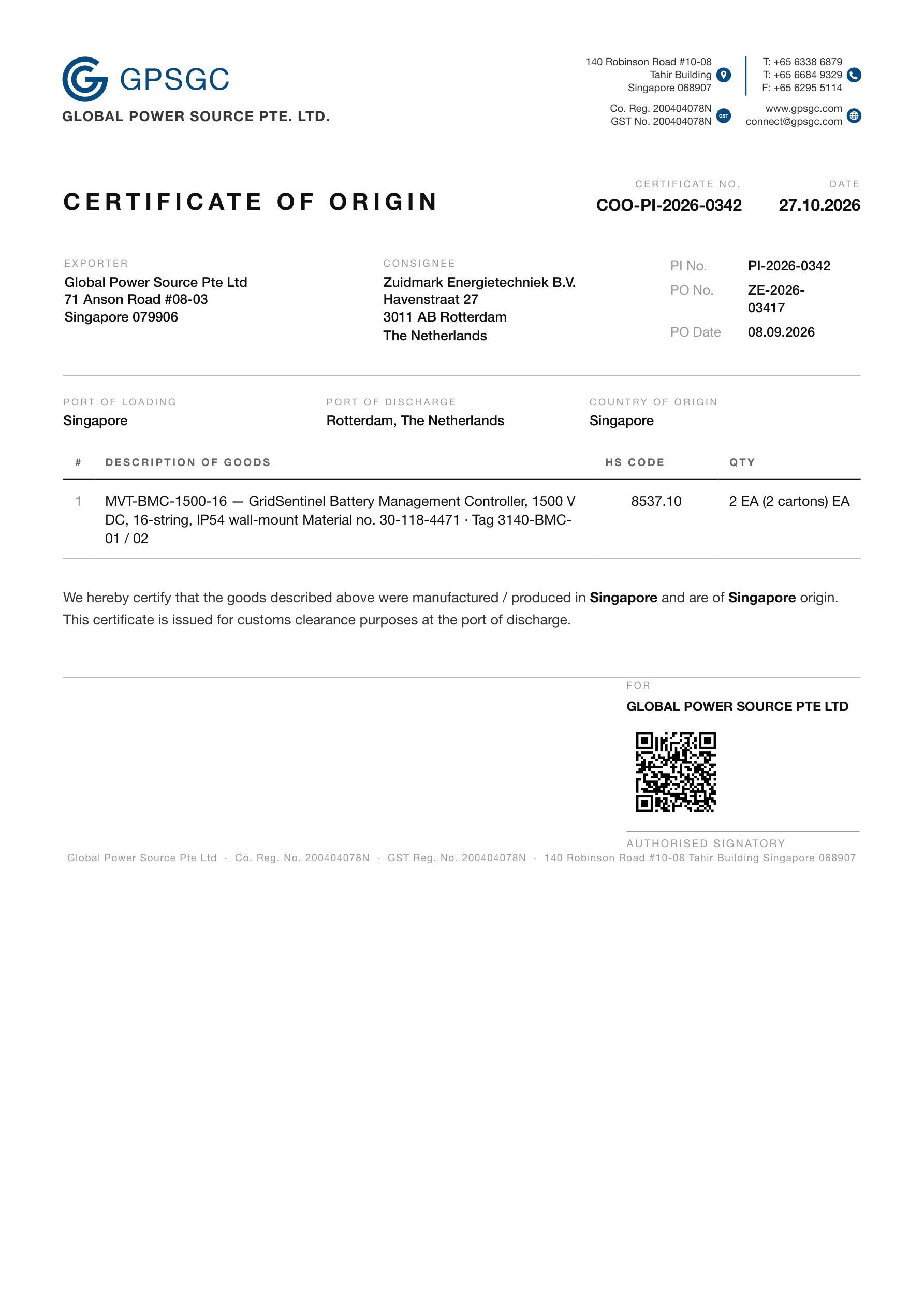 Certificate of Origin.