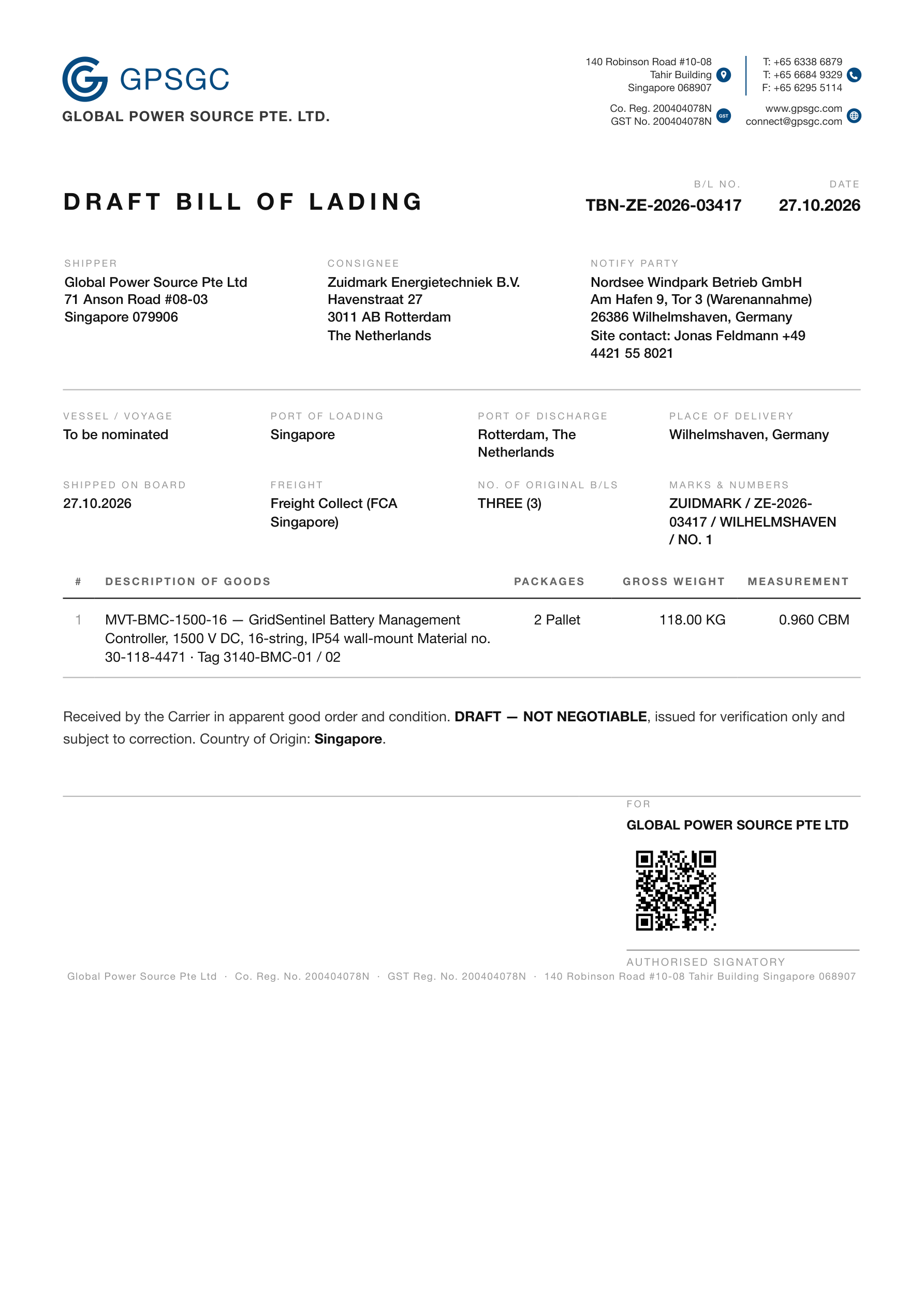 Draft Bill of Lading.