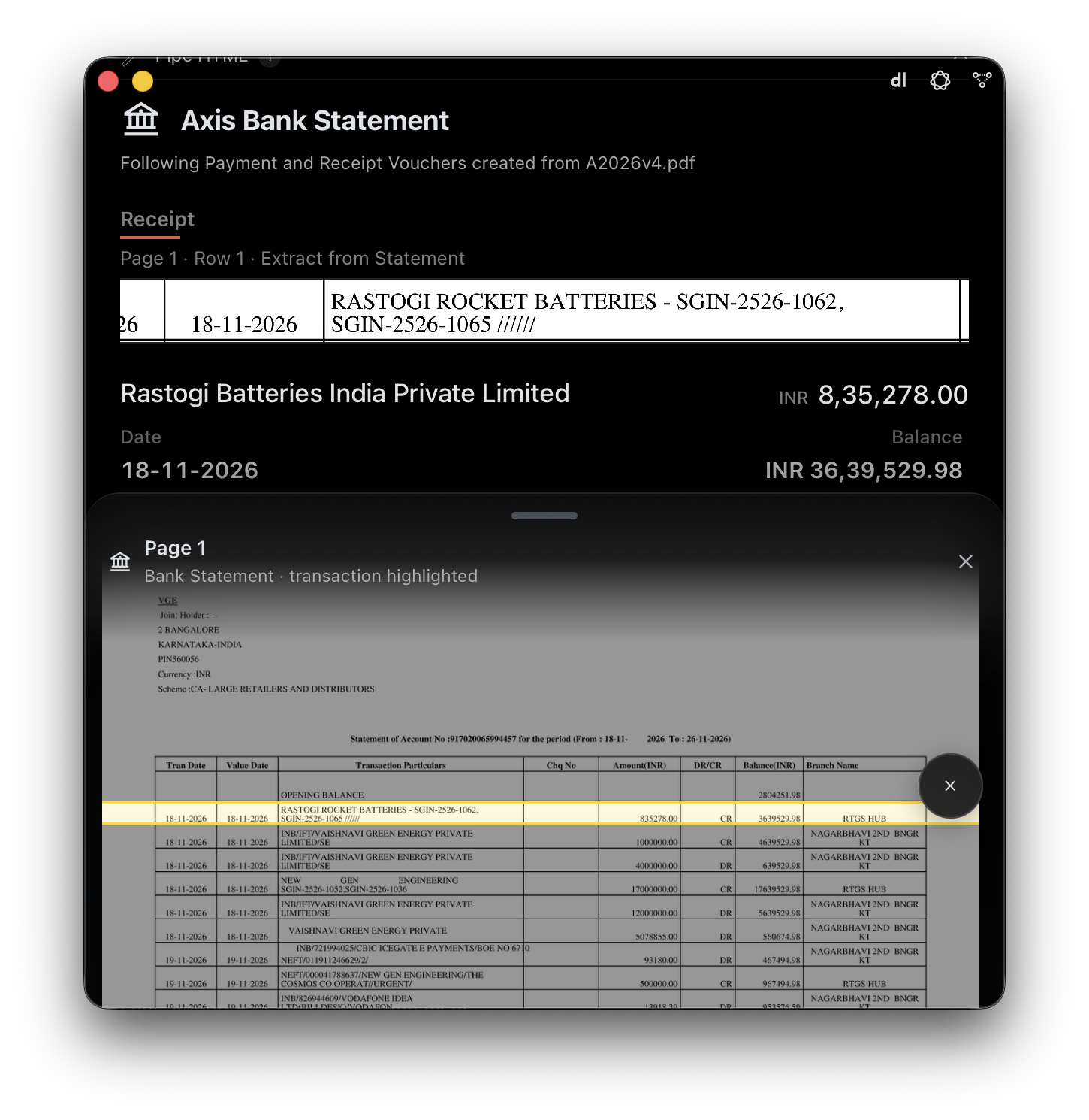 The same Receipt card with the statement sheet pulled up: Page 1, Bank Statement, transaction highlighted — the Axis statement table with the Rastogi Rocket Batteries row of 18-11-2026 marked in yellow among the other rows