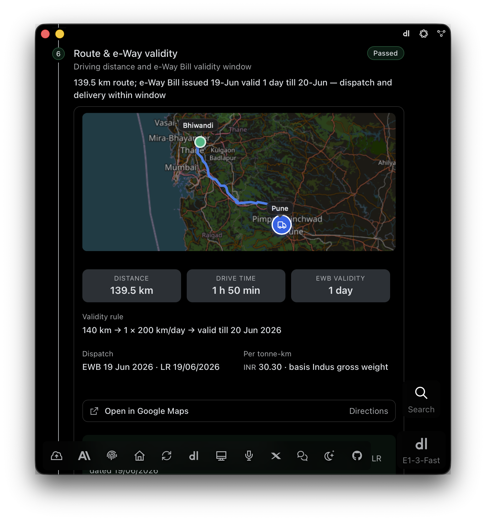 Check 6 — Route and e-Way validity: 139.5 km Bhiwandi to Pune on the map, drive time 1 h 50 min, e-Way Bill valid 1 day under the 200 km-a-day rule, dispatch and delivery within window