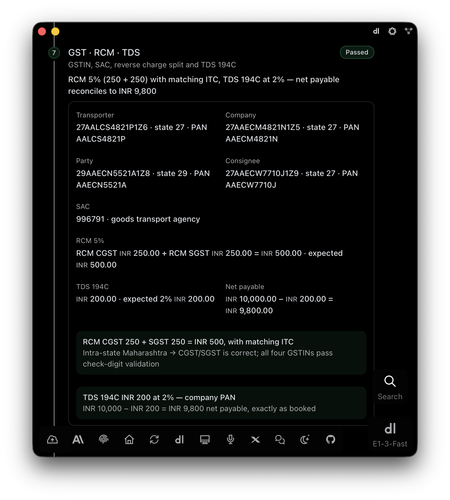 Check 7 — GST, RCM and TDS: four GSTINs pass check-digit validation, SAC 996791, RCM 5% split CGST 250 + SGST 250 with matching ITC, TDS 194C INR 200 at 2%, net payable INR 9,800