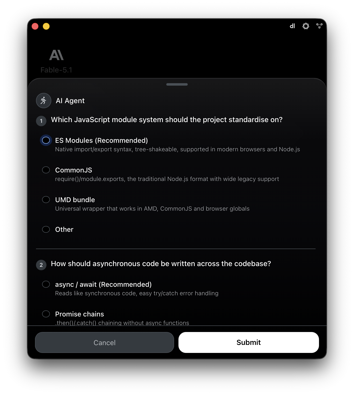 E1pi Mac app — AI Agent sheet asking the user two multiple-choice questions before proceeding, with a Recommended option marked, an Other choice, and Cancel / Submit buttons