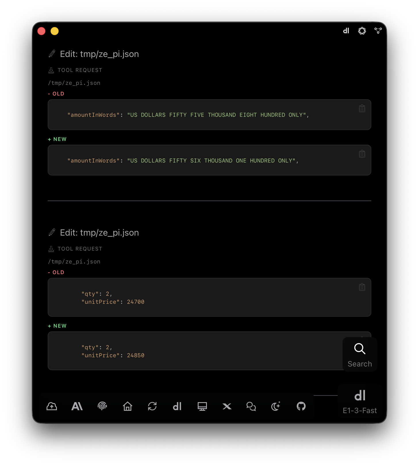 E1pi Mac app — two Edit tool requests on tmp/ze_pi.json shown as OLD and NEW: amount in words corrected from fifty five thousand eight hundred to fifty six thousand one hundred, and unit price corrected from 24700 to 24850, each with a copy button