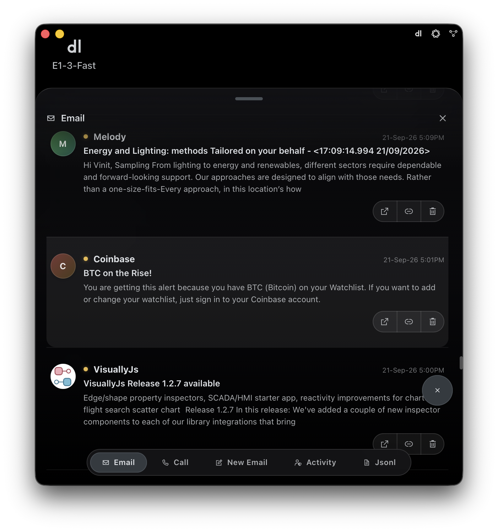 E1pi Mac app — Email sheet showing the signed-in person's Microsoft 365 inbox inside the harness, with open, link and delete buttons on each mail and Email / Call / New Email / Activity / Jsonl tabs