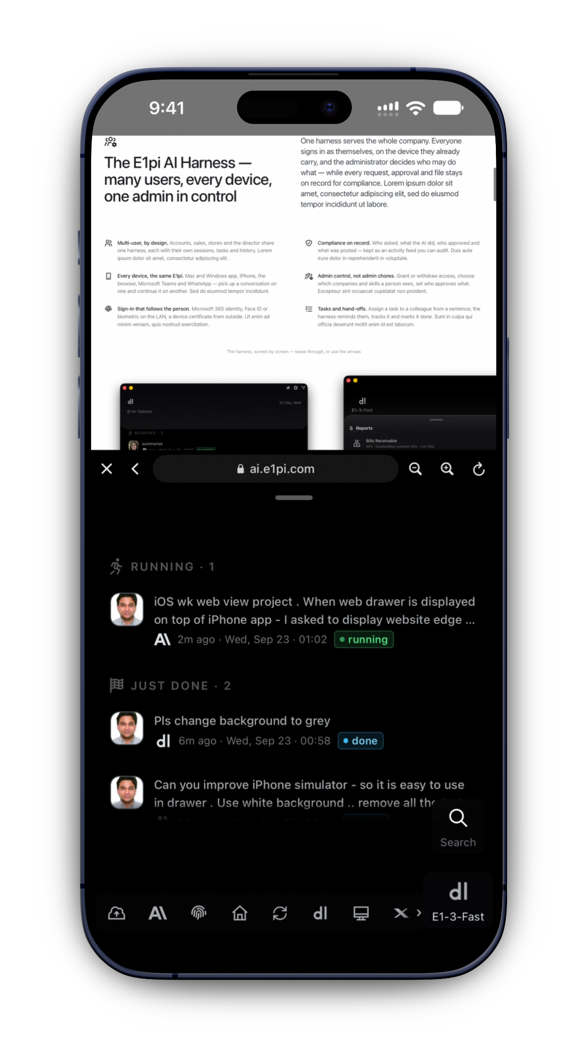 E1pi iPhone app — the in-app web drawer showing the E1pi website's AI Harness section on ai.e1pi.com, with the home feed (Running · 1, Just Done · 2) and the icon bar still visible underneath