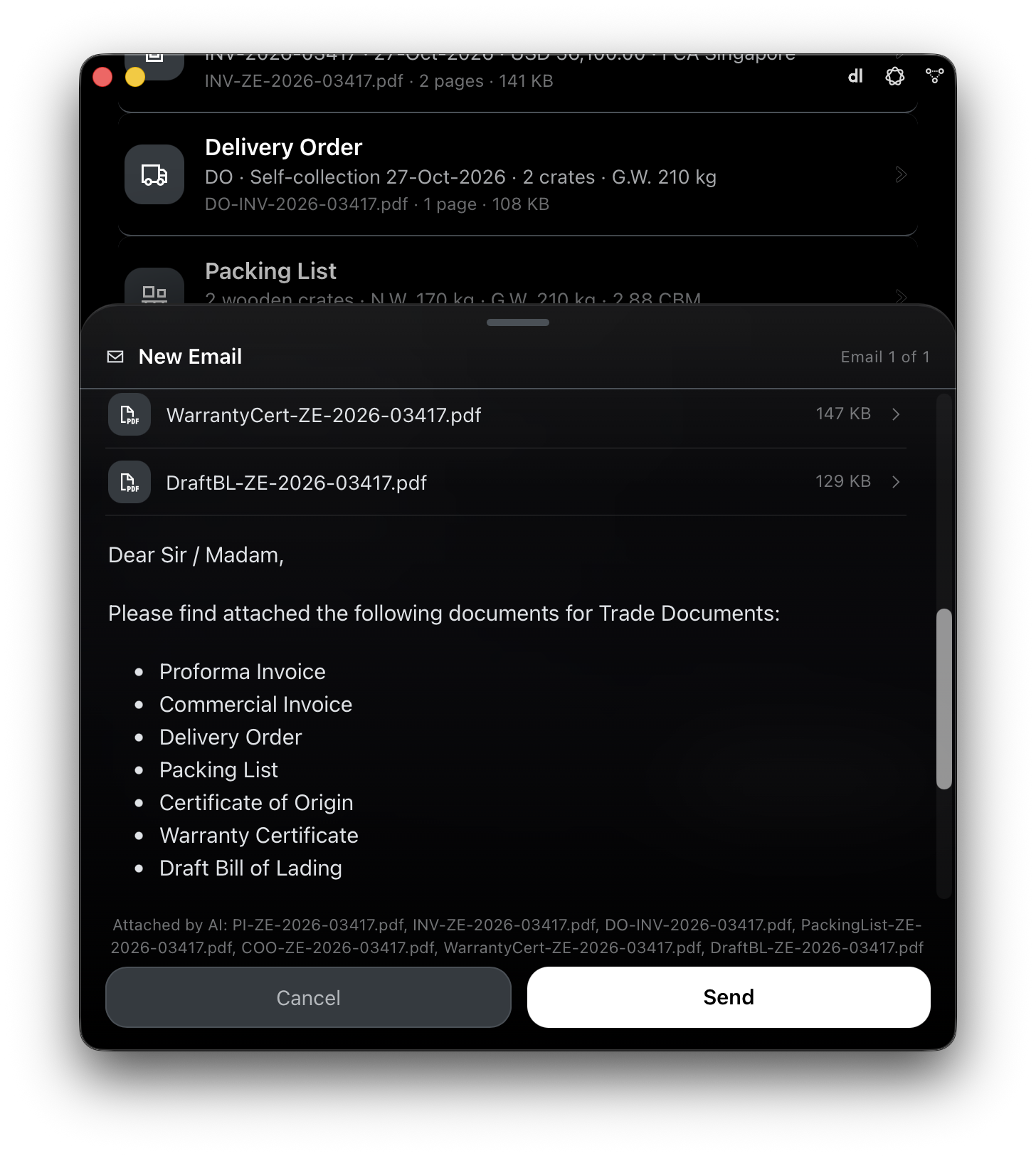 E1pi Mac app — New Email draft prepared by the AI with seven trade-document PDFs attached (Proforma Invoice, Commercial Invoice, Delivery Order, Packing List, Certificate of Origin, Warranty Certificate, Draft Bill of Lading); Cancel and Send buttons for the person to decide