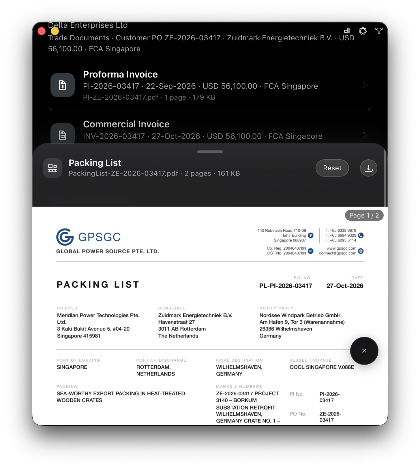 E1pi Mac app — built-in PDF viewer opening in an offcanvas sheet over the trade-document list: Packing List PL-PI-2026-03417, page 1 of 2, with Reset and download buttons, the GPSGC letterhead, shipper, consignee, notify party, ports and marks visible