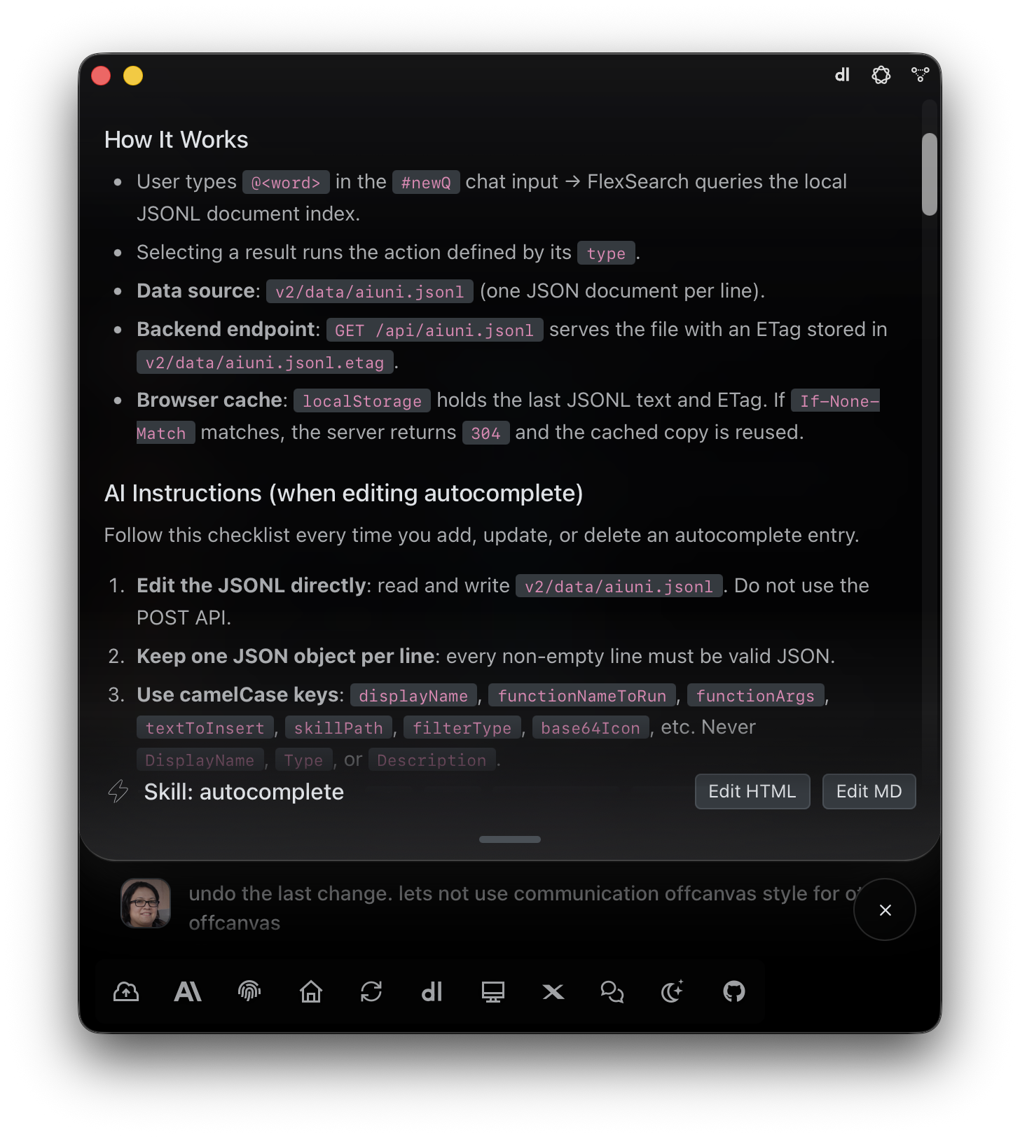 E1pi Mac app — Skill editor showing the autocomplete skill's How It Works and AI Instructions sections, with Edit HTML and Edit MD buttons
