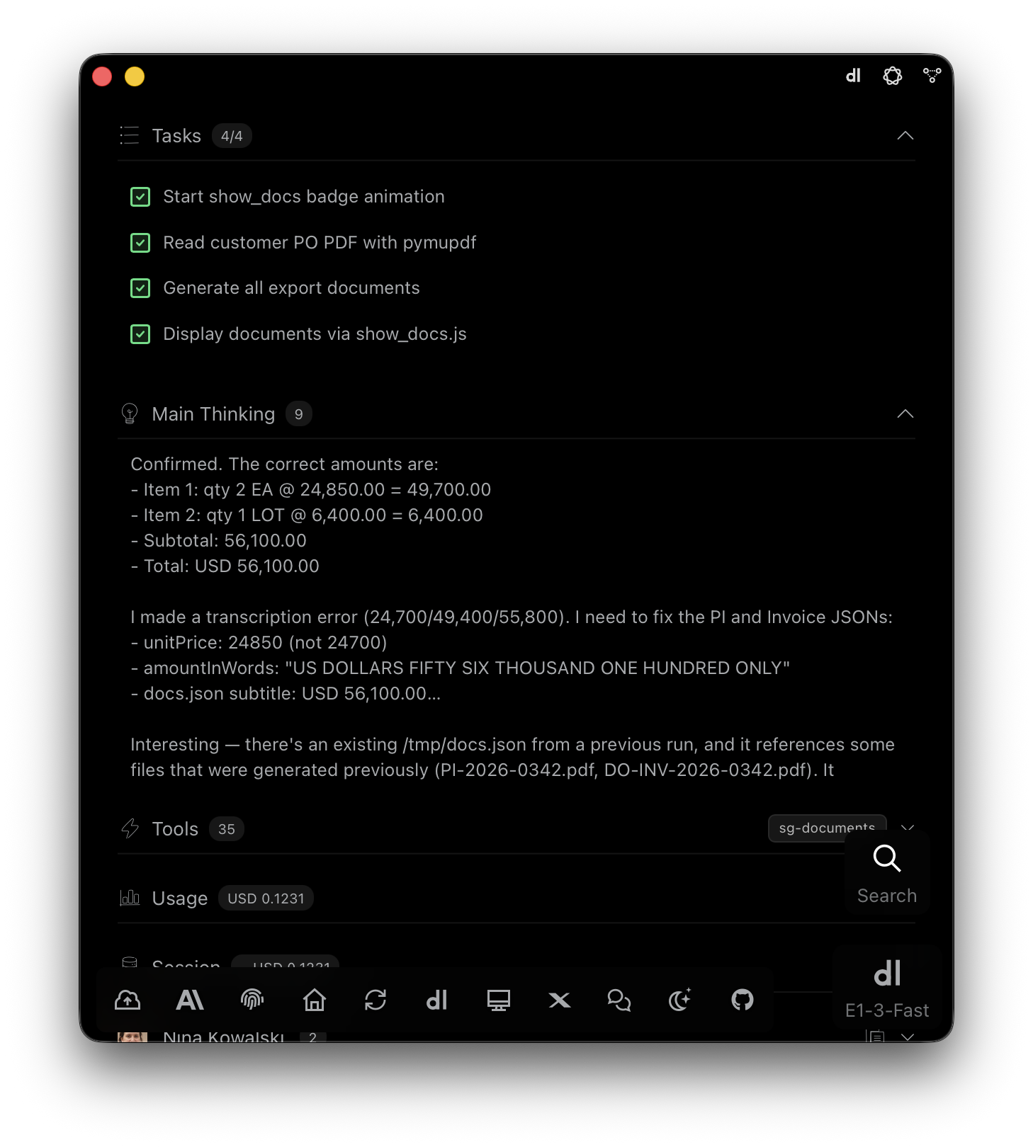 E1pi Mac app — run detail: Tasks 4 of 4 ticked (start badge animation, read customer PO PDF, generate all export documents, display documents), Main Thinking 9 showing the AI confirming line amounts and catching its own transcription error before fixing the PI and invoice JSON, Tools 35 with the sg-documents skill, Usage USD 0.1231
