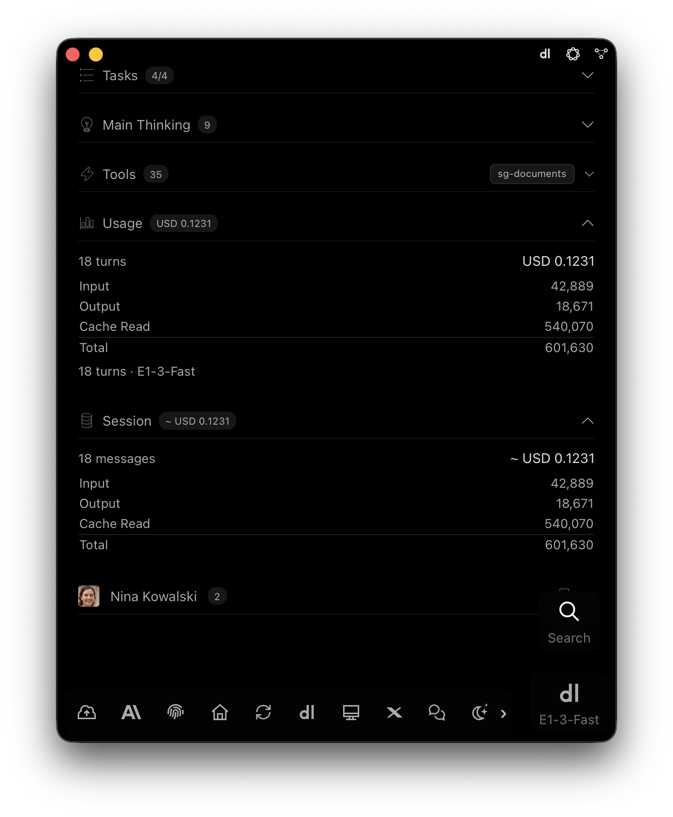 E1pi Mac app — Usage panel: 18 turns, USD 0.1231, input 42,889, output 18,671, cache read 540,070, total 601,630 tokens on E1-3-Fast; Session panel with the same totals; requesting user Nina Kowalski with 2 runs