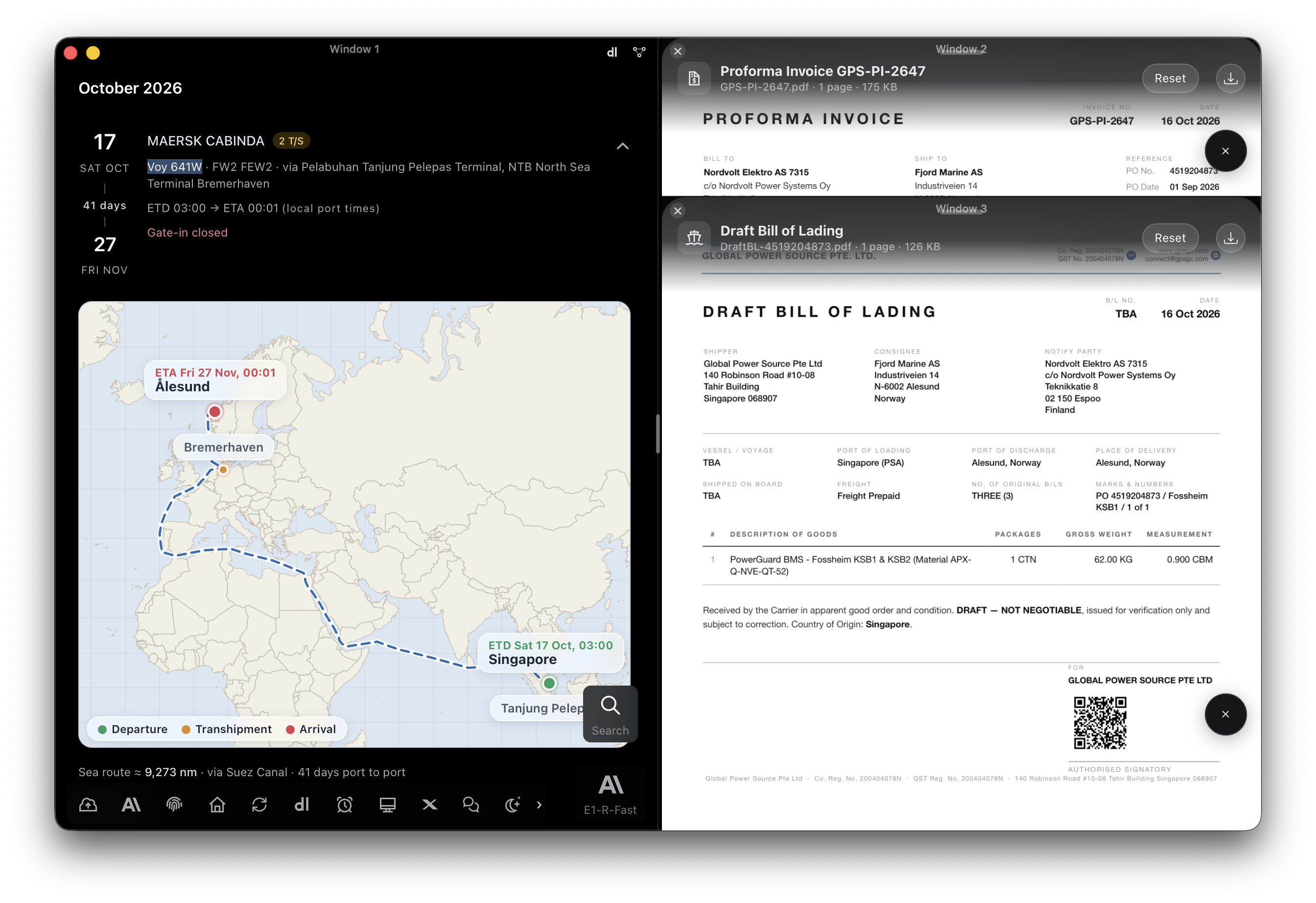 E1pi Mac app, three windows side by side: a Maersk sailing from Singapore to Ålesund — MAERSK CABINDA voyage 641W, ETD 17 Oct, ETA 27 Nov, 41 days via Suez, the route drawn on a map with departure, transhipment and arrival — and beside it the Proforma Invoice GPS-PI-2647 and the Draft Bill of Lading for the same order, ready to download