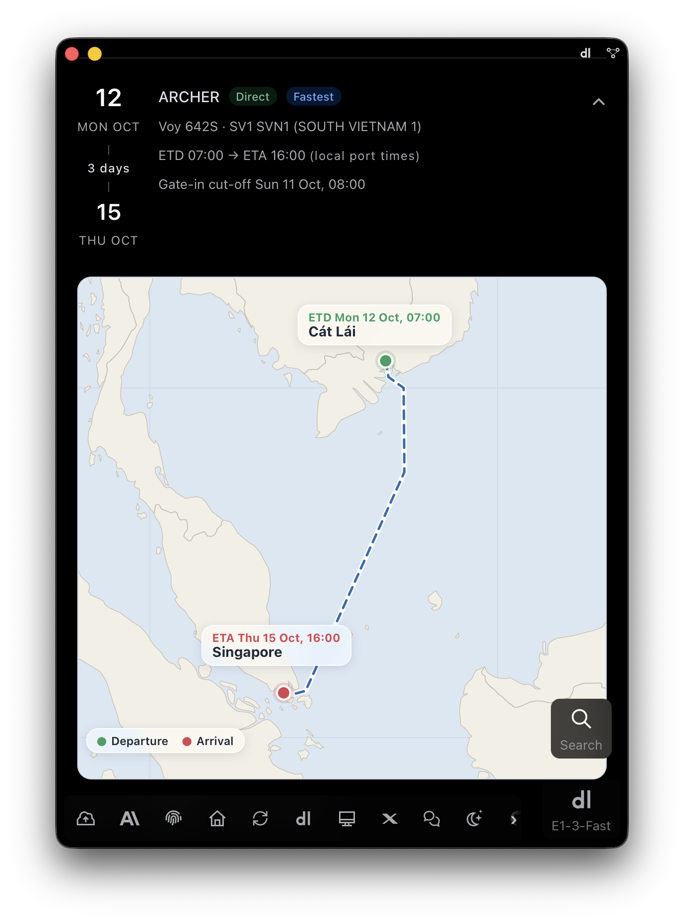 E1pi Mac app — Mon 12 Oct ARCHER, Direct, flagged Fastest, Voy 642S SV1 SVN1 (South Vietnam 1), ETD 07:00 to ETA 16:00 local port times, 3 days, arriving Thu 15 Oct, gate-in cut-off Sun 11 Oct 08:00; route map from Cat Lai, ETD Mon 12 Oct 07:00, down the coast to Singapore, ETA Thu 15 Oct 16:00, departure and arrival pins