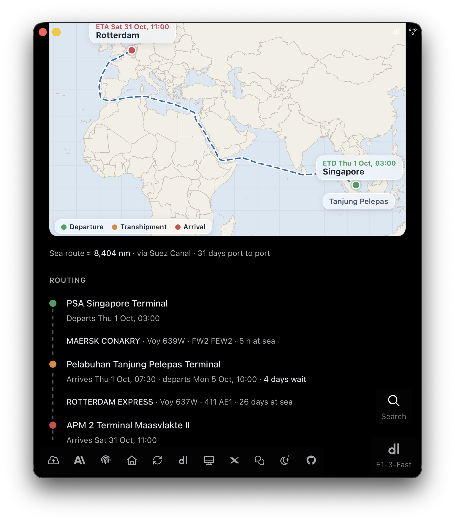 E1pi Mac app — a sailing expanded into its route map: Singapore, ETD Thu 1 Oct 03:00, via Tanjung Pelepas and the Suez Canal to Rotterdam, ETA Sat 31 Oct 11:00, departure, transhipment and arrival pins; sea route about 8,404 nautical miles, 31 days port to port; routing — PSA Singapore Terminal departs Thu 1 Oct 03:00 on MAERSK CONAKRY Voy 639W, 5 hours at sea; Pelabuhan Tanjung Pelepas Terminal arrives Thu 1 Oct 07:30, departs Mon 5 Oct 10:00, 4 days wait, on ROTTERDAM EXPRESS Voy 637W 411 AE1, 26 days at sea; APM 2 Terminal Maasvlakte II arrives Sat 31 Oct 11:00