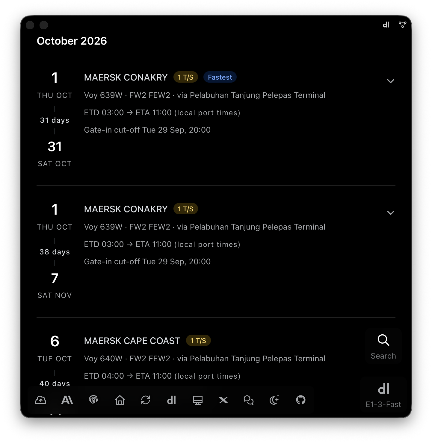 E1pi Mac app — October 2026 sailings: Thu 1 Oct MAERSK CONAKRY, 1 transhipment, flagged Fastest, Voy 639W FW2 FEW2 via Pelabuhan Tanjung Pelepas Terminal, ETD 03:00 to ETA 11:00, 31 days, arriving Sat 31 Oct, gate-in cut-off Tue 29 Sep 20:00; the same vessel with a slower connection, 38 days, arriving Sat 7 Nov; Tue 6 Oct MAERSK CAPE COAST Voy 640W, 40 days