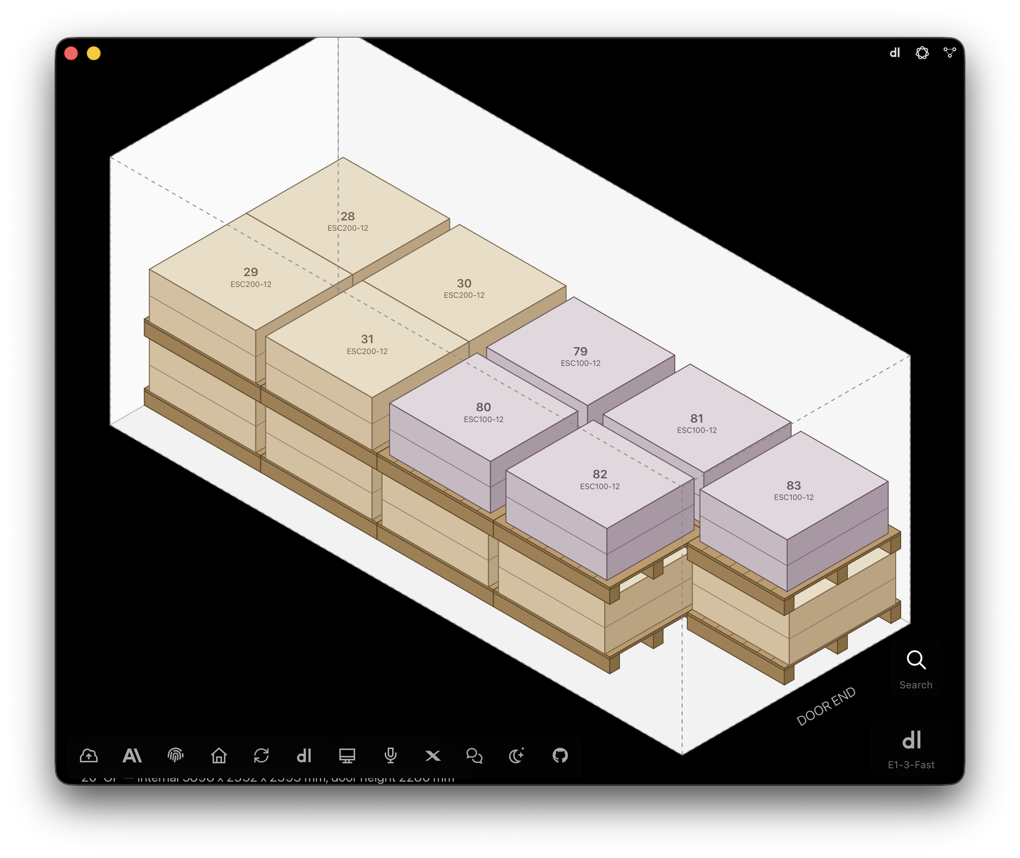 E1pi Mac app — isometric 3D drawing of a mixed 20 ft GP container load: ESC 200-12 pallets 28 to 31 at the far wall and ESC 100-12 pallets 79 to 83 towards the door, each pallet numbered and colour-coded by model, stacked two-high, door end marked; 20 ft GP internal 5898 x 2352 x 2393 mm, door height 2280 mm