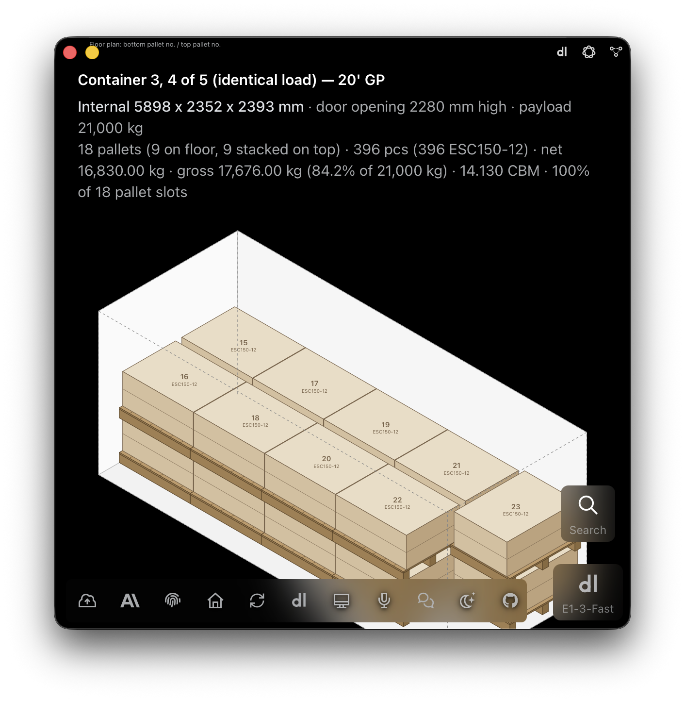 E1pi Mac app — Container 3, 4 of 5 (identical load), 20 ft GP: internal 5898 x 2352 x 2393 mm, door opening 2280 mm high, payload 21,000 kg; 18 pallets, 9 on the floor and 9 stacked on top, 396 pcs ESC150-12, net 16,830.00 kg, gross 17,676.00 kg (84.2% of 21,000 kg), 14.130 CBM, 100% of 18 pallet slots; isometric drawing of the load with pallets 15 to 23 on top