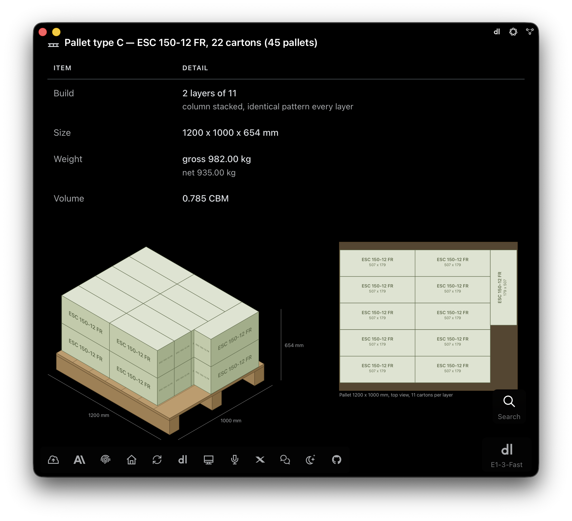 E1pi Mac app — Pallet type C, ESC 150-12 FR, 22 cartons, 45 pallets: build 2 layers of 11, column stacked, identical pattern every layer; size 1200 x 1000 x 654 mm; weight gross 982.00 kg, net 935.00 kg; volume 0.785 CBM; isometric drawing of the pallet with the model printed on every carton face and dimensions, and the top view of one layer with 11 cartons of 507 x 179 mm