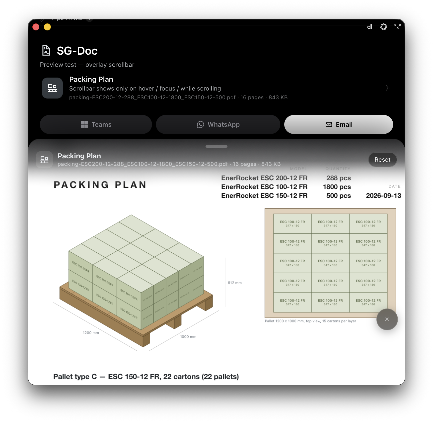 E1pi Mac app — the Packing Plan PDF, 16 pages, 843 KB, with Teams, WhatsApp and Email buttons, previewed below: PACKING PLAN header with EnerRocket ESC 200-12 FR 288 pcs, ESC 100-12 FR 1800 pcs, ESC 150-12 FR 500 pcs, an isometric pallet of 15 cartons per layer of ESC 100-12 FR with 1200 and 1000 mm dimensions and 612 mm height, and the top-view layer plan