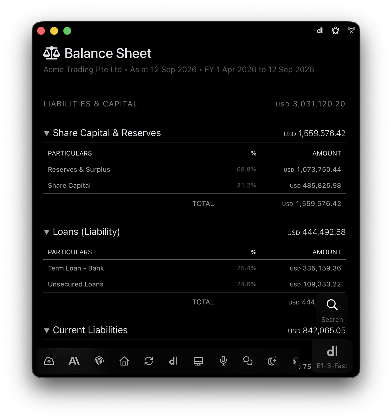 E1pi Mac app — Balance Sheet as at 12 Sep 2026: Liabilities and Capital opened into Share Capital and Reserves, Loans and Current Liabilities, each line with its percentage share and amount
