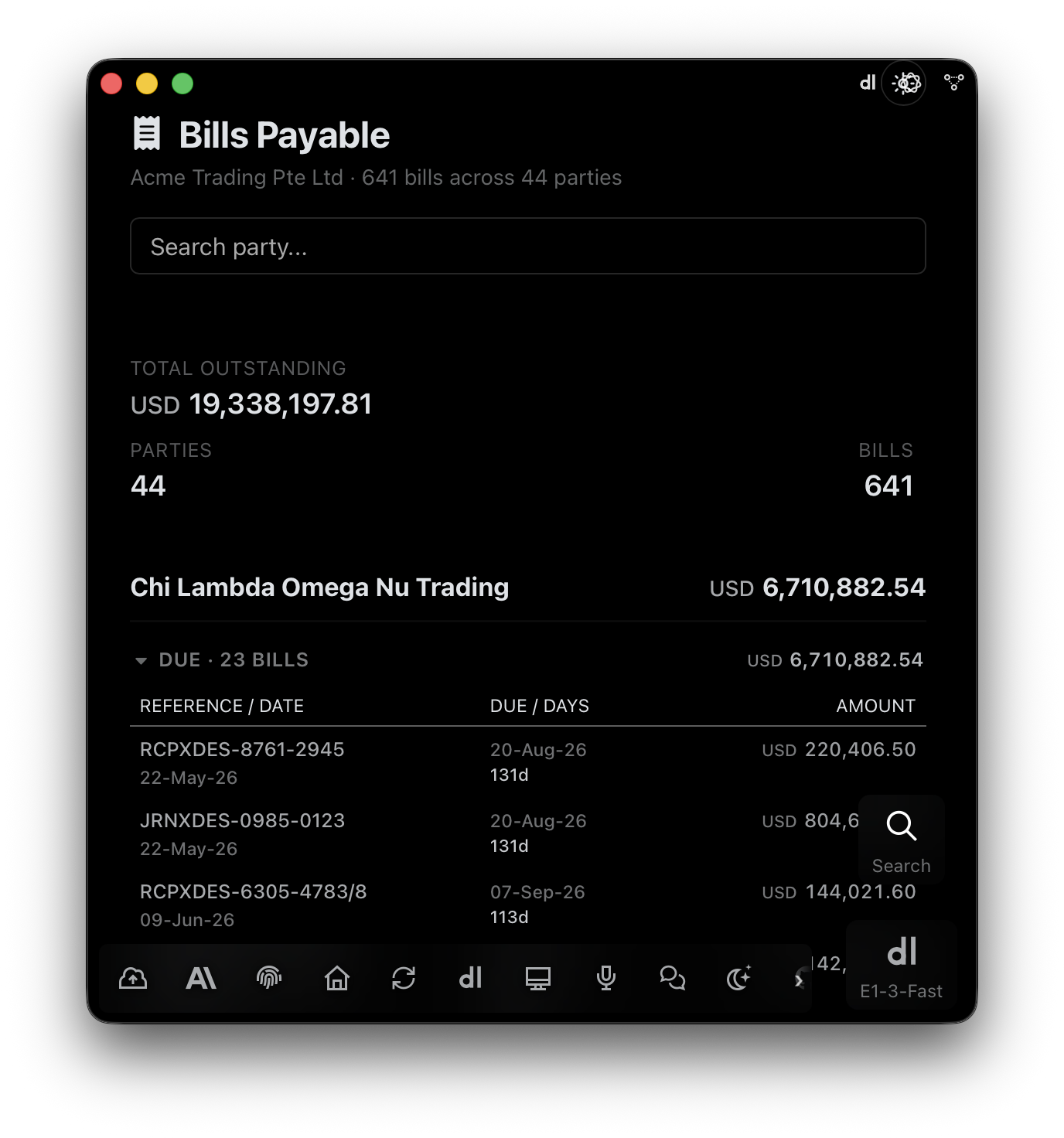 E1pi Mac app — Bills Payable: total outstanding, parties and bill count, then each supplier's due bills with reference, bill date, due date, days overdue and amount