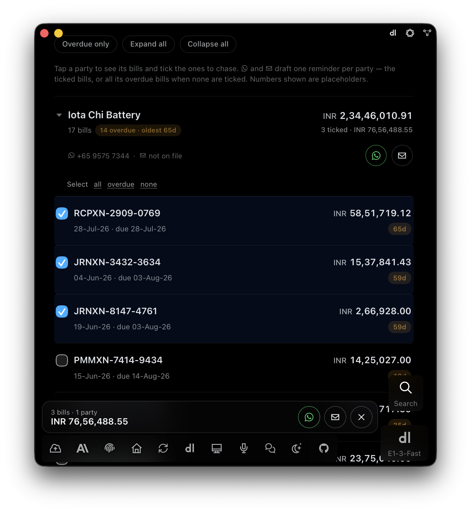 E1pi Mac app — Bills Receivable, one customer expanded: 17 bills, 14 overdue, oldest 65 days; three bills ticked with their total, WhatsApp and email reminder buttons for the party, and a floating bar summing the ticked bills