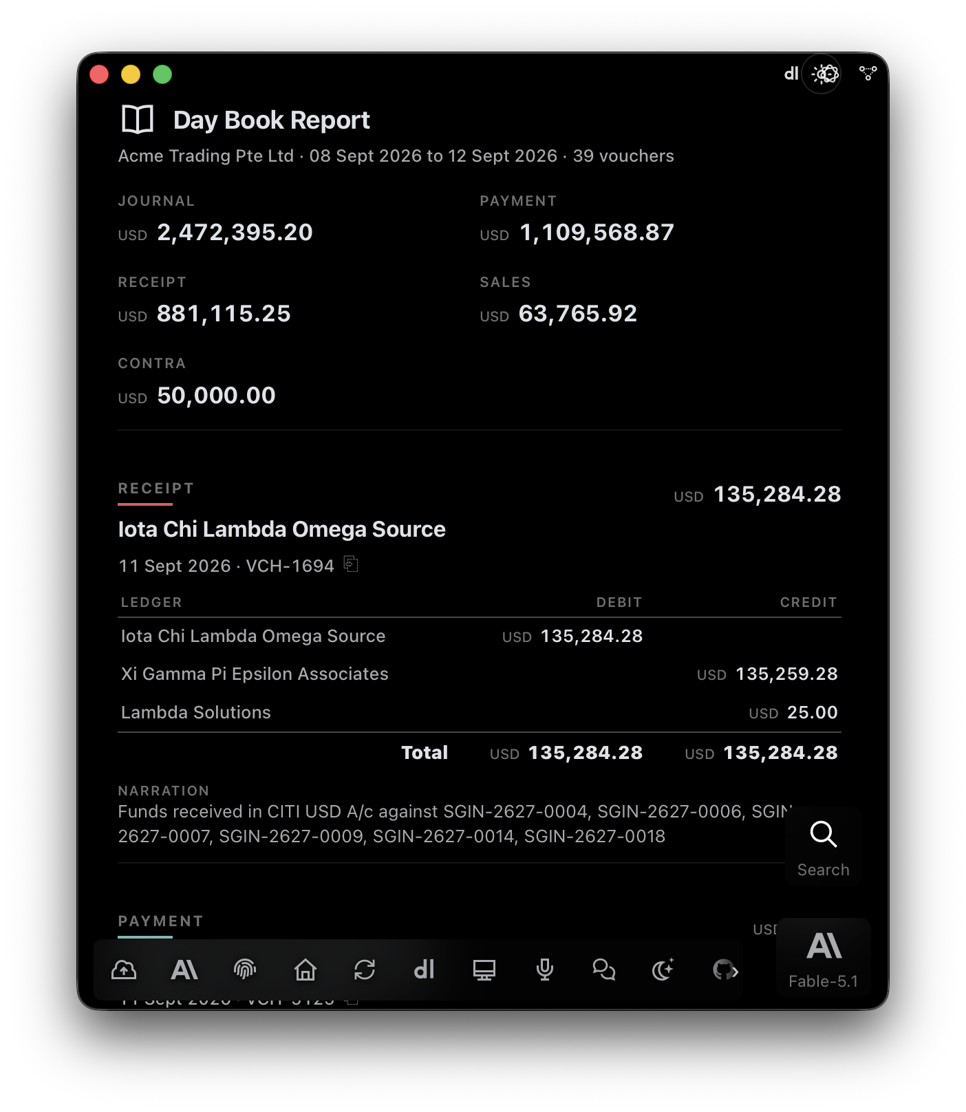 E1pi Mac app — Day Book for one week: totals by voucher type (journal, payment, receipt, sales, contra) followed by each voucher with its ledgers, debit, credit and narration