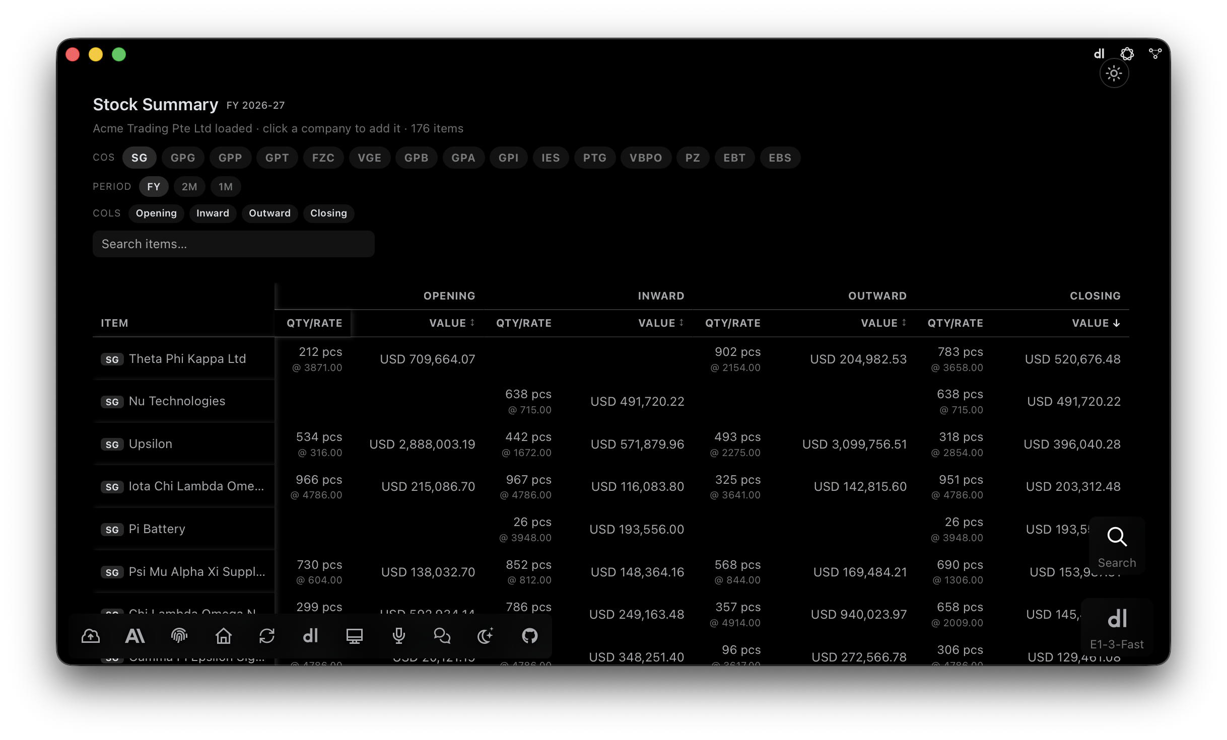 E1pi Mac app — Stock Summary for FY 2026-27 with company chips, period and column toggles, and per-item opening, inward, outward and closing quantity, rate and value