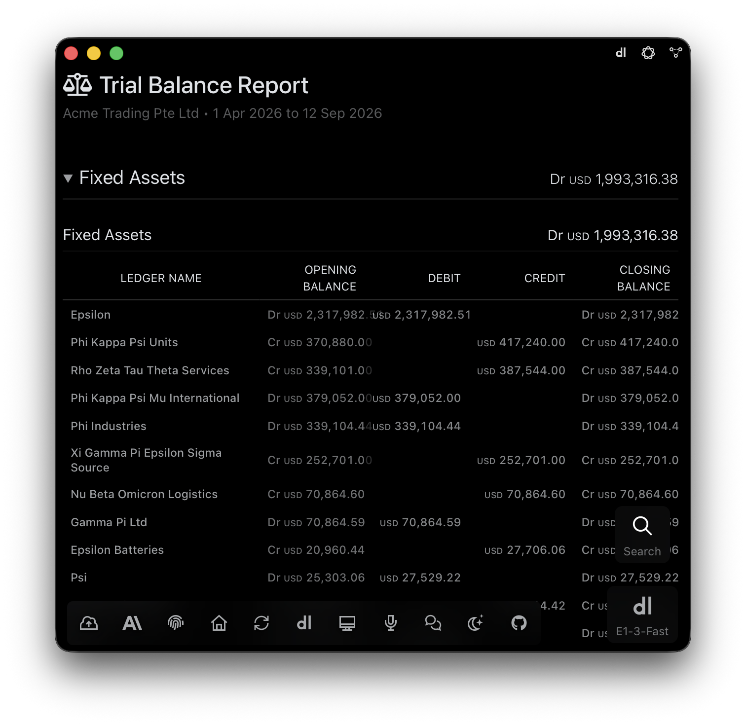 E1pi Mac app — Trial Balance grouped by account type: Fixed Assets ledgers with opening balance, debit, credit and closing balance, Dr and Cr aligned