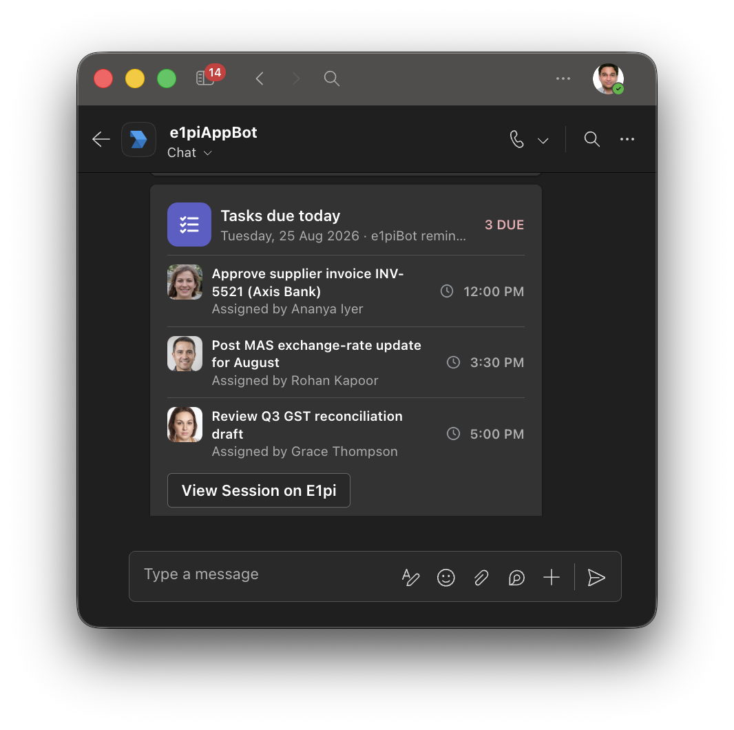 Microsoft Teams chat with the E1pi bot — Tasks due today card listing three tasks, each with who assigned it and when it is due, and a View Session on E1pi button