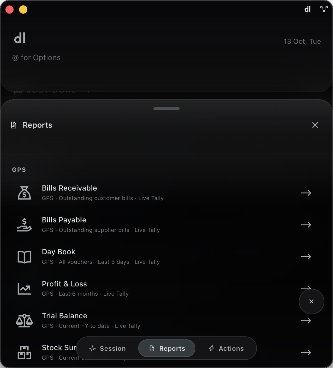 E1pi macOS app: the Reports sheet listing Bills Receivable, Bills Payable, Day Book, Profit and Loss, Trial Balance and Stock Summary, live from Tally