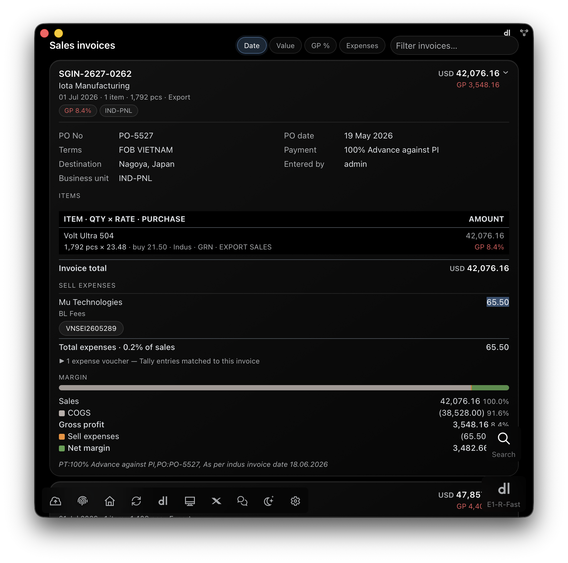 E1pi Mac app, Sales invoices with one expanded: PO number and date, FOB Vietnam terms, 100% advance against PI, destination Nagoya, business unit; the item with quantity, sell rate and purchase rate; the BL fee from the forwarder matched to its Tally voucher; a margin bar from sales through COGS, gross profit and sell expenses to net margin