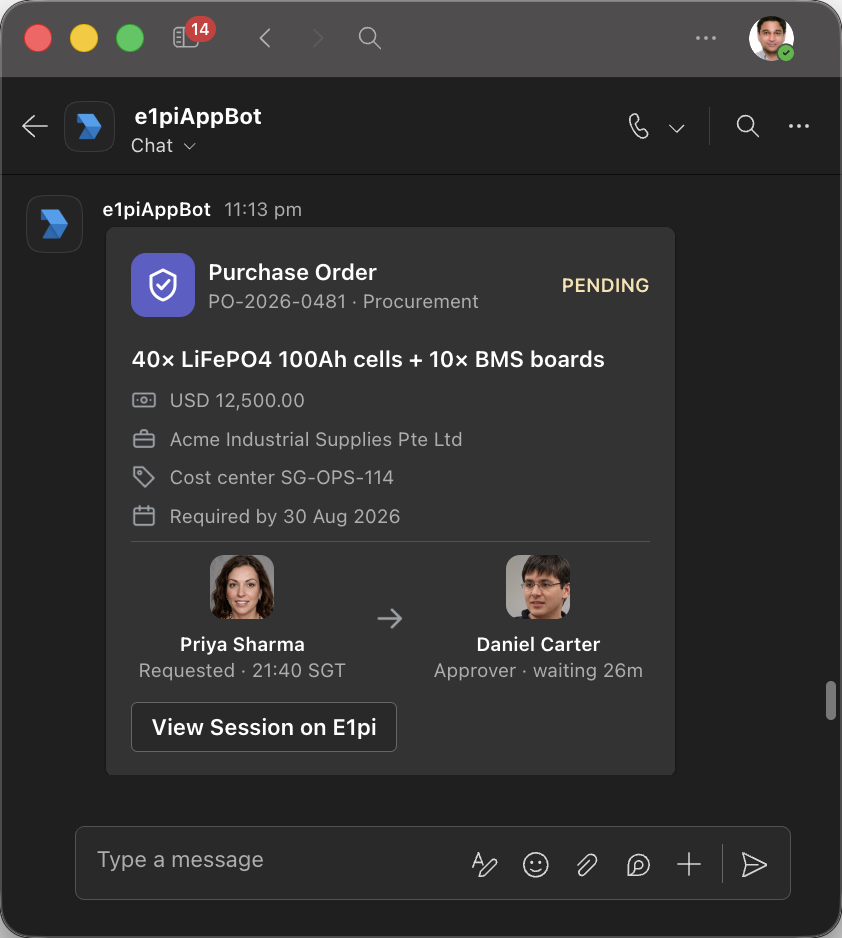 Microsoft Teams on macOS: an E1pi purchase order card, PO-2026-0481, pending approval, with requester and approver shown