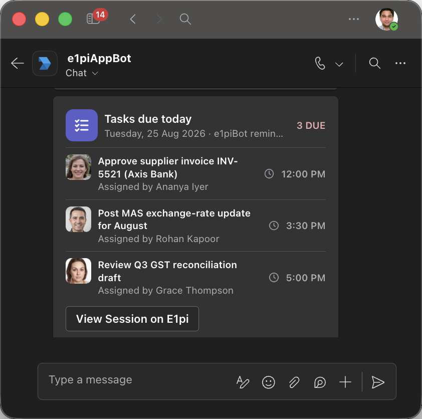 Microsoft Teams on macOS: an E1pi card listing three tasks due today with their times and who assigned them